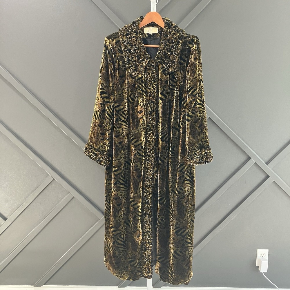 Vintage Rose Animal Print Velvet Burnout Duster Robe Jacket Silk Blend Size M